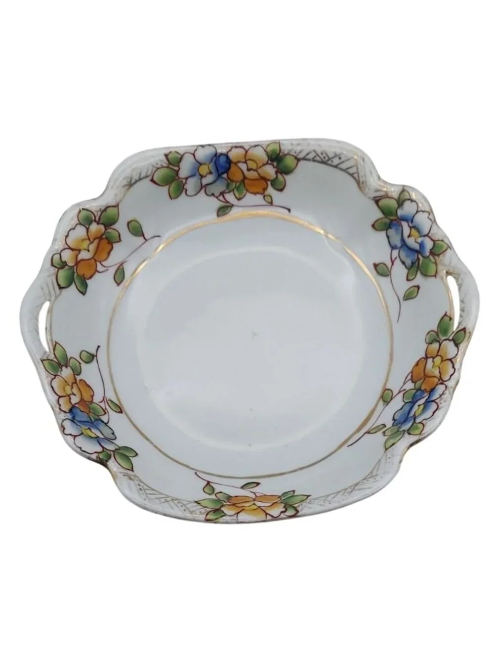 Serving Bowl Inset Handles Hand Painted Floral Porcelain Scalloped Japan Vintage